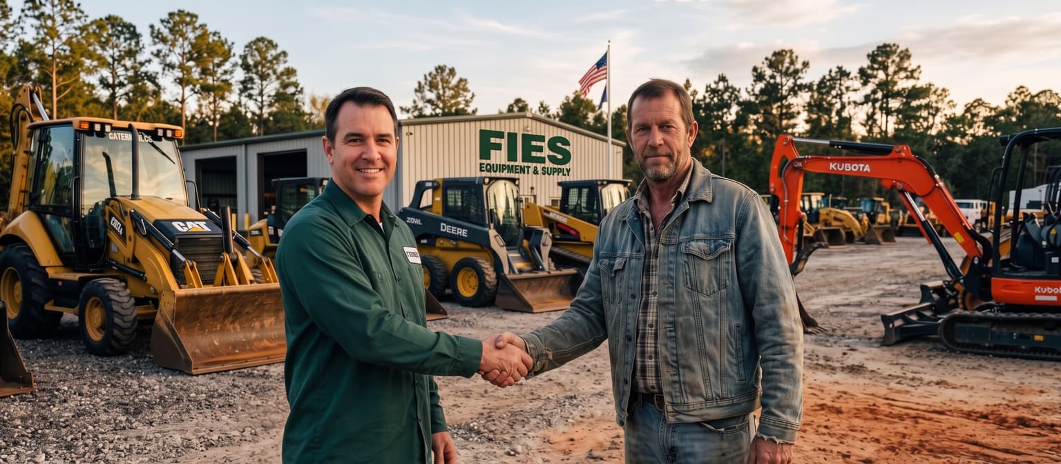 FLORIDA INTERNATIONAL EQUIPMENT AND SUPPLY LLC team and a buyer shaking hands in front of inspected iron at the Hilliard, Florida yard