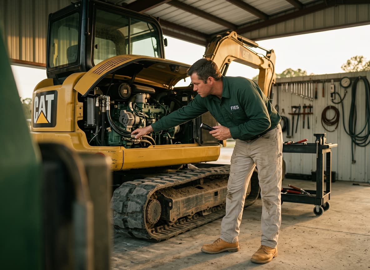 FIES mechanic running a hands-on inspection on a used excavator at the Hilliard yard