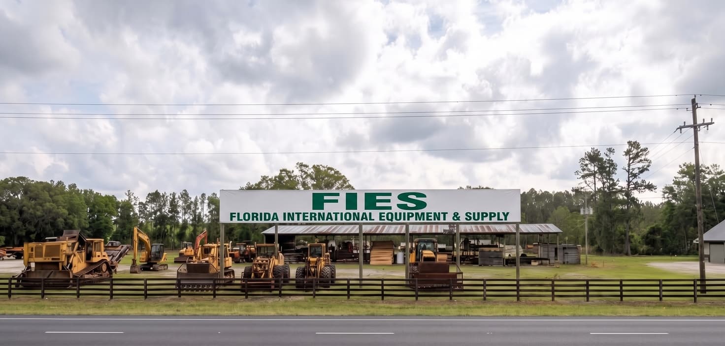Wide aerial view of the FLORIDA INTERNATIONAL EQUIPMENT AND SUPPLY LLC yard in Hilliard, Florida — rows of inspected backhoes, excavators, and skid steers