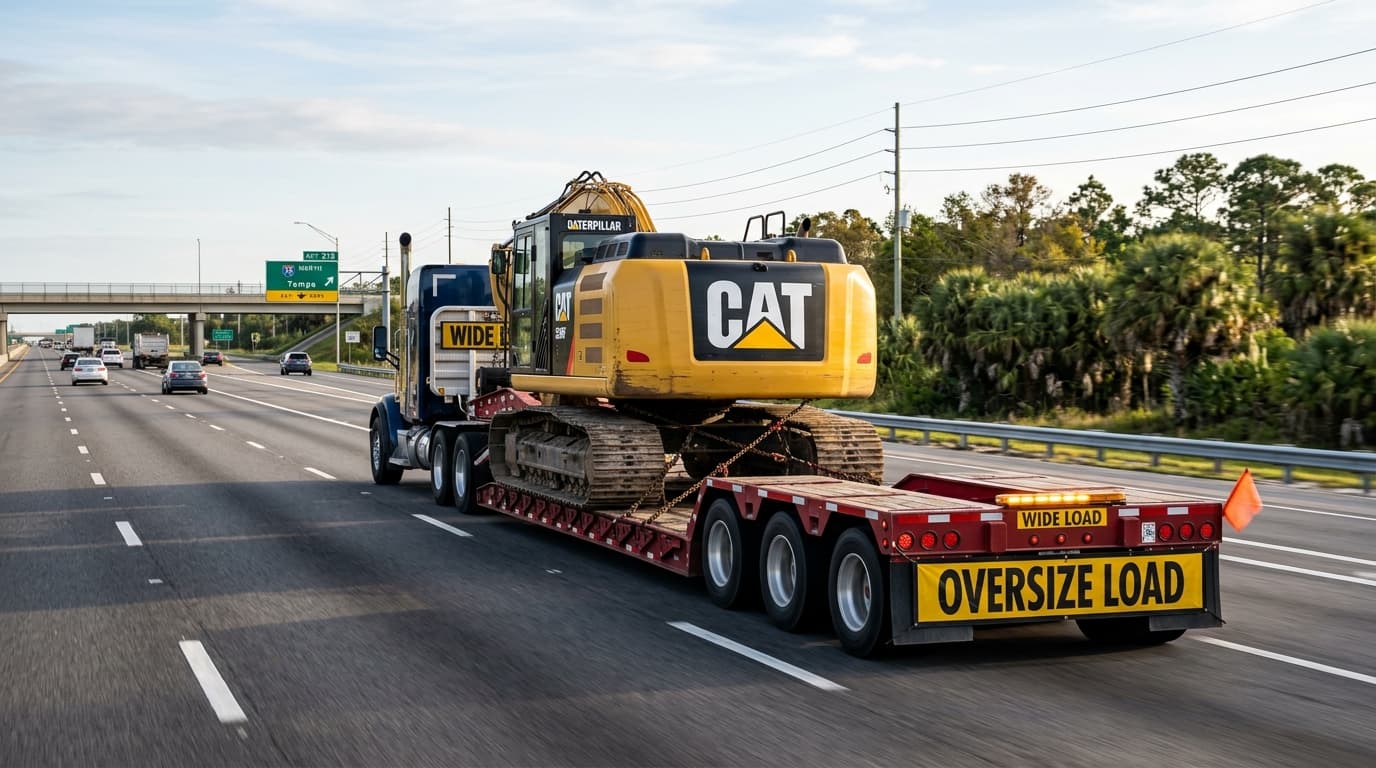 Semi truck hauling a lowboy trailer with an excavator through a Florida highway interchange