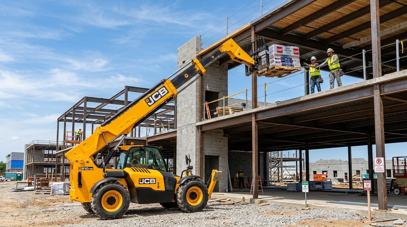 Telehandler lifting a pallet of materials to the second floor of a commercial building under construction