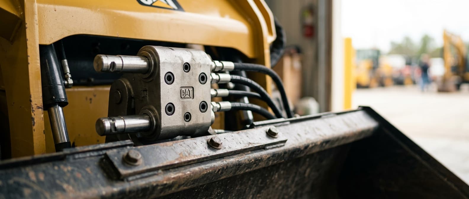Macro detail of a hydraulic skid-steer quick-coupler engaging a bucket — mechanical inspection precision