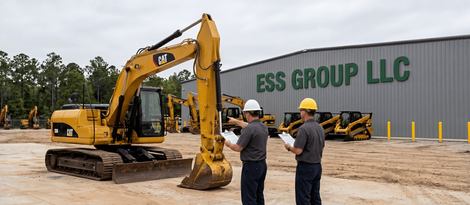 Technician inspecting heavy equipment on a dealer lot