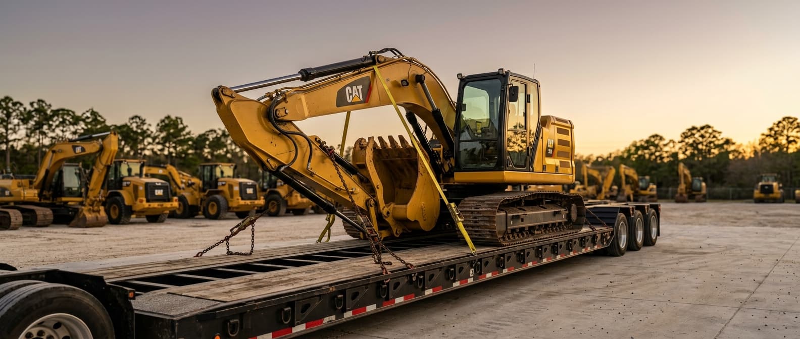 Heavy equipment being loaded onto a lowboy trailer