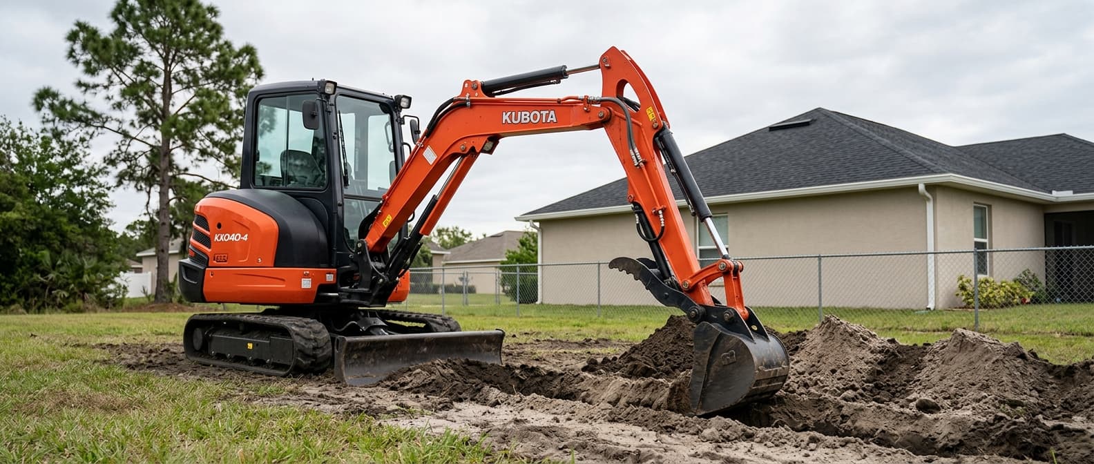 Compact mini excavator working a Florida residential backyard project